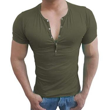 Imagem de Camisa Henley Viscose Camiseta Slim Botão Manga Curta Sjons (Verde Musgo, M)