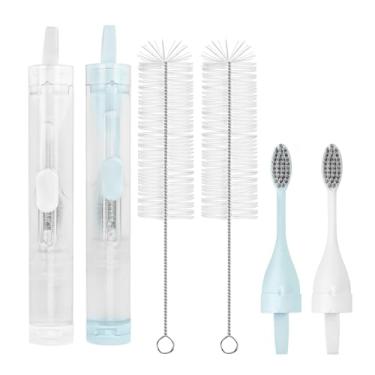 Imagem de Linkidea Tubo de escova de dentes portátil 2 em 1, estojo de recipiente de pasta de dente recarregável, kit de escova de dentes dobrável para viagem com 2 cabeças de escova de dentes de substituição e