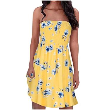 Imagem de Vestidos juvenis sem mangas, tomara que caia, ombros de fora, vestidos florais para mulheres, vestidos midi plissados havaianos 2024, F-374 Amarelo Mostarda, G