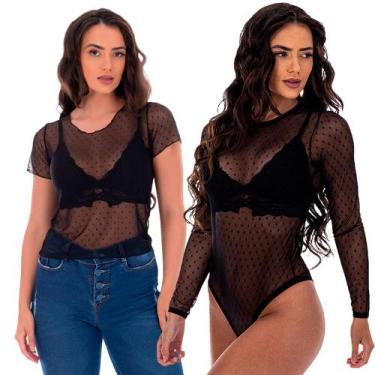 Imagem de Kit 2 Body Manga Longa Tule Blusa Manga Curta Fristyle Poá, GG, Preto