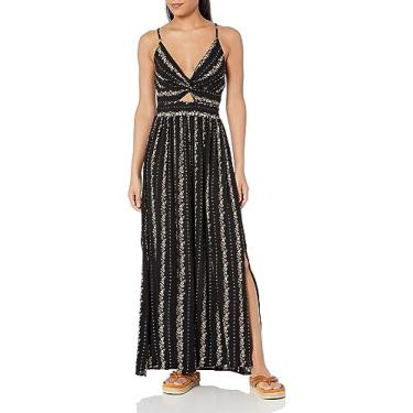 Imagem de Angie Vestido longo feminino estampado com abertura frontal, Preto, P