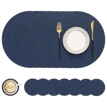 Imagem de Homing Jogo americano redondo de couro sintético e porta-copos conjunto com 8 - tapetes laváveis e resistentes ao calor, tapetes de mesa dupla face limpáveis para ambientes internos e externos,