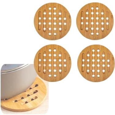 Imagem de Descanso de Panela Madeira C/4 Peças – Kit Descanso de Panela Bambu, Suporte Panela Quente, Jogo Redondo para Panela - Feito de Bambu, Madeira Rústico, Suporte de Panelas para Mesa (16 cm, Redondo)