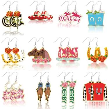 Imagem de Nosiny 12 pares de brincos de cavalo de corrida Derby para mulheres, brincos de ferradura de cavalo, chapéu Derby, brincos com pingente de gota de flor rosa, terno de equitação, joias presentes para