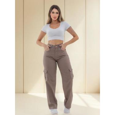 Imagem de Ujeans Calça Pantalona Wide Leg Cargo Preta, Marrom, Claro, 36