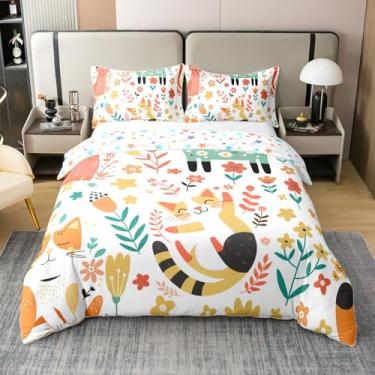 Imagem de Feelyou Conjunto de capa de edredom de gato, 100% algodão, tamanho solteiro, gato, flor, gato, estampa de folhas, conjunto de edredom fofo gatinho verde amarelo com 1 fronha, sem edredom
