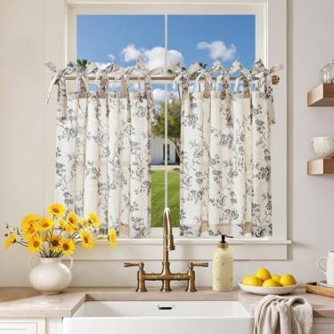 Imagem de jinchan Cortinas florais de cozinha de 61 cm de camada de linho para casa de fazenda, café, meia janela, cortinas sobre a pia, filtro de luz, preto em bege, para sala de estar, lavanderia, amarrar, 2