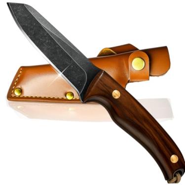 Imagem de Faca de churrasco aço carbono lâmina afiada 9cm cabo madeira bainha couro ideal para cozinha pesca camping caça e atividades outdoor