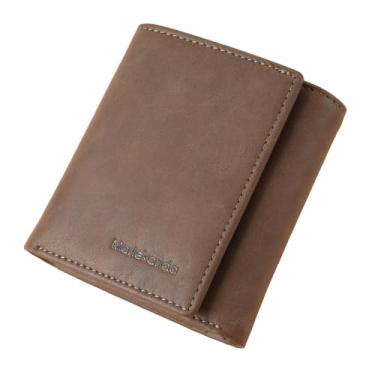 Imagem de Carteira masculina, couro bovino vintage, grande capacidade, multifuncional, estilo curto de três dobras, fecho de fivela, proteção RFID, clipe de cartão de crédito, pode guardar o bolso da calça