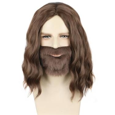 Imagem de Topcosplay Peruca de fantasia de Jesus e barba falsa engraçada masculina de cabelo cacheado curto para festa à fantasia de Halloween