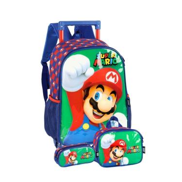 Imagem de Kit Super Mario Mochila De Rodinhas Lancheira Estojo Verde