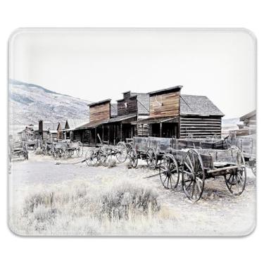 Imagem de Base de borracha antiderrapante para jogos e escritório com bordas costuradas 24 x 19 cm - Cidade histórica do oeste com vagões e edifícios de madeira, tapete de mesa de superfície de tecido liso