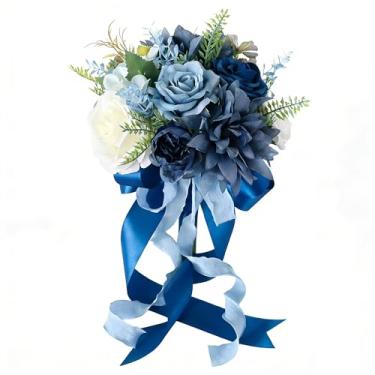 Imagem de YSOJMAN Buquê de noiva artificial de 22 cm – Arranjo floral rosa azul para noiva, dama de honra, cerimônia e decoração de casa (azul escuro)