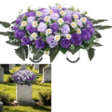 Imagem de Wocst Sela de flor de lápide, flores de cemitério artificiais grandes para sepulturas artificiais de rosas e margaridas para lápide de cemitério (Roxo)