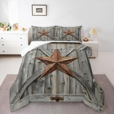 Imagem de Feelyou Conjunto de edredom King com estrela do Texas, porta de celeiro de madeira, para crianças, adolescentes e adultos, vintage, conjunto de cama de fazenda, decoração de quarto, 3 peças com 2