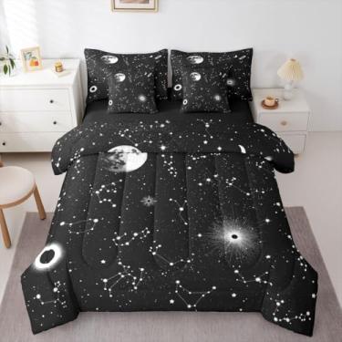 Imagem de Erosebridal Conjunto de edredom Galaxy Queen, 7 peças, cama de constelação em uma bolsa, conjunto de cama com estrelas nebulosas nebulosas pretas com edredom, lençóis, fronhas, espaço sideral, céu
