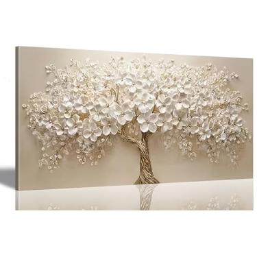 Imagem de Arte de parede em tela grande árvore da vida ouro e branco pintura de árvore grande decoração de parede botânico floral pôster impressão arte para escritório, sala de estar, sala de jantar, quarto