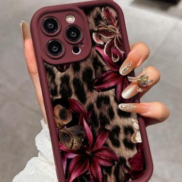 Imagem de Capa de telefone com estampa de leopardo compatível com iPhone, design floral bordô, capa protetora (iPhone 16e, multicolorida)
