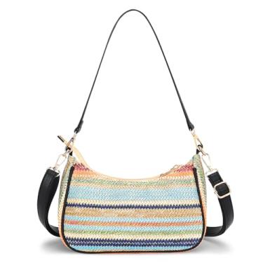 Imagem de BBORGDC Bolsa de ombro, bolsa transversal de palha tecida, bolsas femininas noturnas, bolsa de praia de verão, listras coloridas, viagem de viagem, ombro conversível
