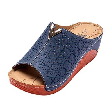 Imagem de Sandálias plataforma para mulheres moda oca sandálias sapatos femininos casuais senhoras floral slip feminino (azul, 35)
