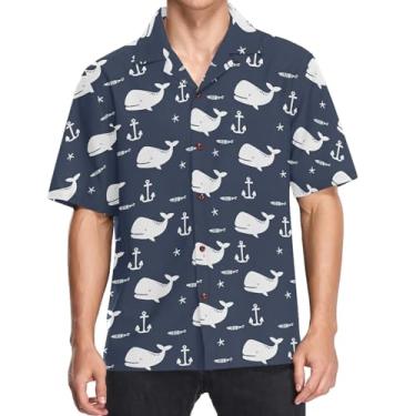 Imagem de visesunny Camisa masculina casual de botão manga curta havaiana linda âncora de baleia preta Aloha, Multicolorido, M