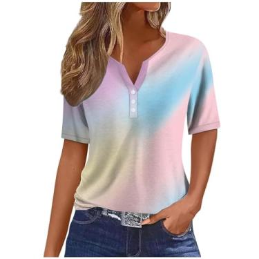 Imagem de Camisetas femininas de manga curta outono verão gola V gradiente ajuste solto tie dye longo camiseta feminina 2024, A-137 multicolorido, XXG