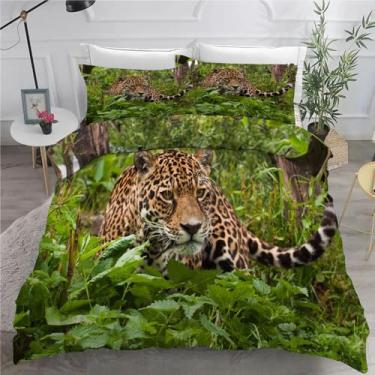 Imagem de Jogo de cama de capa de edredom solteiro leopardo floresta 3 peças texturizadas de microfibra macia 172,7 cm x 228,6 cm e 2 fronhas, com fecho de zíper e laços