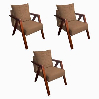 Imagem de Kit 3 Poltronas Monalisa Decorativa Mona Pés de Madeira Maciça Linho Marrom