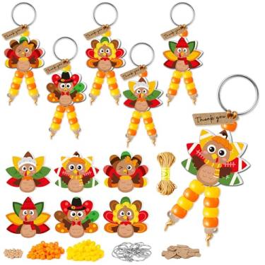 Imagem de WATINC Kit de artesanato para o dia de Ação de Graças – Chaveiro de madeira com contas de peru agradecido DIY com etiquetas de papel kraft, faça sua própria festa de festival, presente de