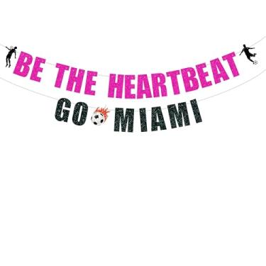 Imagem de Banner Pre Strung Be The Heartbeat Go Miami - Decoração de festa Inter Miami CF, festa do time de futebol, decoração de festa de celebração, banner rosa vermelho e preto com glitter