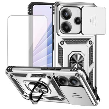 Imagem de Yodueiv Capa para Xiaomi Redmi Note 14 4G com protetor de tela de vidro temperado e capa de câmera deslizante, anel magnético suporte suporte de carro capa protetora para Xiaomi Redmi Note 14 4G prata