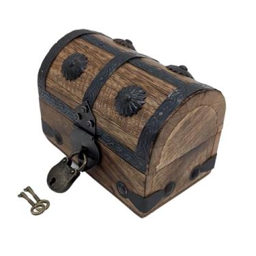 Imagem de Baú de tesouro pirata feito à mão com fechadura e chave - Inclui acessórios náuticos: bússola, apito do capitão, ampulheta (PPP 12 x 8 x 8,5)
