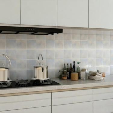 Imagem de ESSMOKO Papel de parede imitação de cerâmica efeito cozinha impermeável e à prova de óleo PVC resistente a altas temperaturas autoadesivo papel de parede azulejo adesivo azul e amarelo xadrez 45