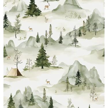 Imagem de Laatse Papel de parede Forest Peel and Stick, papel de contato boho veado padrão bege papel de parede impermeável autoadesivo verde botânico moderno mural de parede para quarto paredes armário 44,5 cm