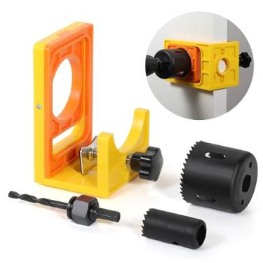 Imagem de Kit de instalação de fechadura de porta, gabarito de fechadura de porta para portas de madeira/metal com espessura de 3,5 cm e 3,5 cm. Serras de furo de cobalto bimetálicas incluídas (amarelo)
