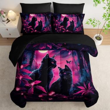 Imagem de AILONEN Jogo de cama solteiro com estampa de gato preto, mãe e filho, gatinho, 7 peças, para crianças, edredom e lençol com elástico com lençol de cima e 2 fronhas, 2 fronhas