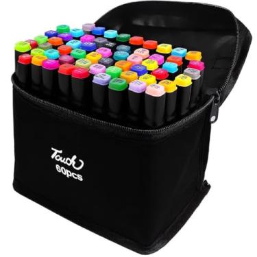 Imagem de Conjunto De Canetas Marcador Permanente Ponta Dupla Escolar Kit 60 Cores Pincel Colorido Desenho