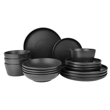Imagem de Conjunto de louça preto moderno, conjunto de 16 peças, prato preto fosco, serviço para 4 microondas e lava-louças, resistente a lascas - para uso diário, presente de feriado