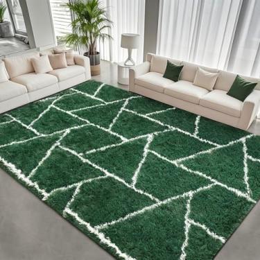 Imagem de FALARK Tapetes de área para sala de estar, quarto, lavável, antiderrapante, 1,8 x 18 m, verde e branco, tapete geométrico felpudo macio para berçário, crianças, meninas, adolescentes, dormitórios