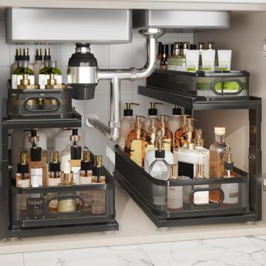 Imagem de Corbyles Pacote com 2 organizadores sob a pia de 53 cm de profundidade com corrediças de rolamento de esferas de última geração, armazenamento de armário de malha de precisão de 2 camadas para