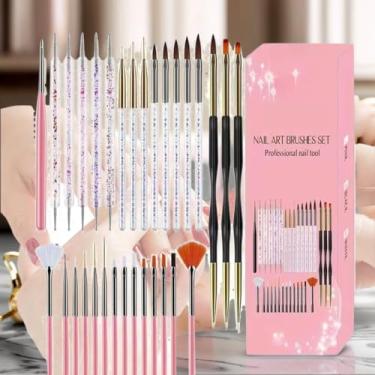 Imagem de 31 pincéis de arte de unhas, ferramentas de pontilhamento de unhas de ponta dupla, pincéis de arte de listras para linhas longas, caneta de desenho para design manual (rosa)