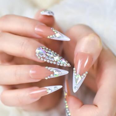 Imagem de Pregos de pressão pontas pontiagudas de amêndoa extralongas pedras de cristal de luxo manicure francesa unhas postiças feitas à mão design reutilizável durável conjunto completo 30 peças