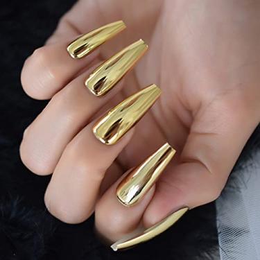 Imagem de Golden Metallic Press on Nails Caixão Longo Acrílico Unhas Postiças Unhas Falsas Kits de Manicure