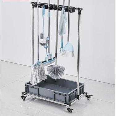 Imagem de Suporte móvel para esfregão de chão, suporte para esfregão de vassoura, ferramentas de limpeza, design de rodas de 360° Pp Catch Basin Professional (6 Arraste 8 Ganchos)