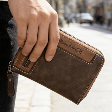Imagem de Carteira masculina curta com zíper, carteira compacta de couro marrom escuro feita à mão com vários compartimentos para cartões e bolso para moedas, carteira dupla fina, presente para pai, namorado