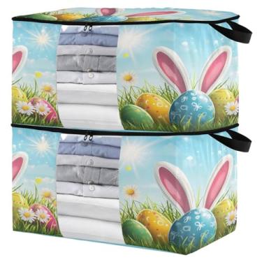 Imagem de Burbuja Pacote com 2 organizadores de bolsa de armazenamento com alças para roupas, cobertores, roupa de cama, bolsa de armazenamento dobrável de ovos de coelho com zíper e janela transparente, 95L