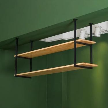 Imagem de Prateleiras flutuantes industriais de madeira de 2 camadas | Prateleira suspensa de teto para cozinha e sala de estar | Organizador e suporte de vinho | Decoração elegante para restaurante e bar (100