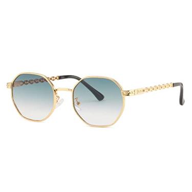 Imagem de Óculos de Sol Polígono Feminino Masculino Óculos de Sol Quadrado Lady Metal Retro Openwork Pernas Octógono Gafas De Sol,C05 Dourado Verde,Tamanho único