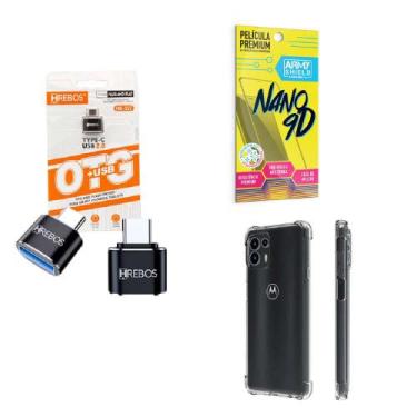 Imagem de Kit Adaptador USB para Tipo C + Capinha Motorola Edge20 Pro + Película
