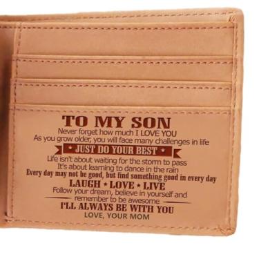 Imagem de Carteira de couro personalizada com bolso frontal – Carteira fina RFID minimalista para cartões de crédito – Presente personalizado, Marrom para filho da mãe, P